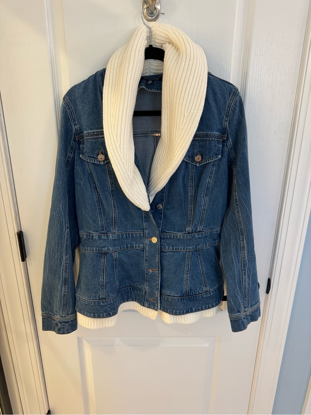 WHBM Blue Denim Jacket with Cream Knit Trim L
